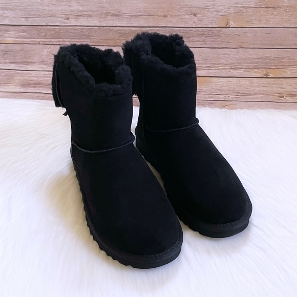 UGG Classic Double Bow Mini Black Suede Boots - Picture 5 of 9